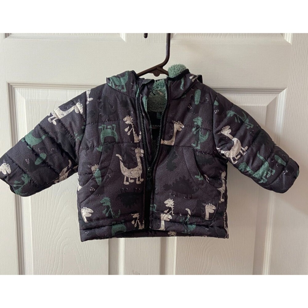 London Fog  Puffer Jacket Baby 12 Month Dinosaur Black Green White Hooded Pocket